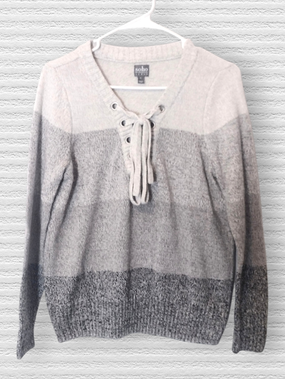 New York & Company Ombre Gray Lace-Up V-Neck Sweater Size Medium